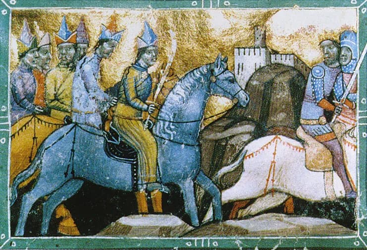 Béla IV of Hungary - The Mongols in Hungary 1241. Hungary. Ink and paint on pergament. Height 25.3 cm, width 32.8 cm. Széchényi National Library, Budapest, fol. 63 recto, Inv. no. Clmae 404 (the pictu