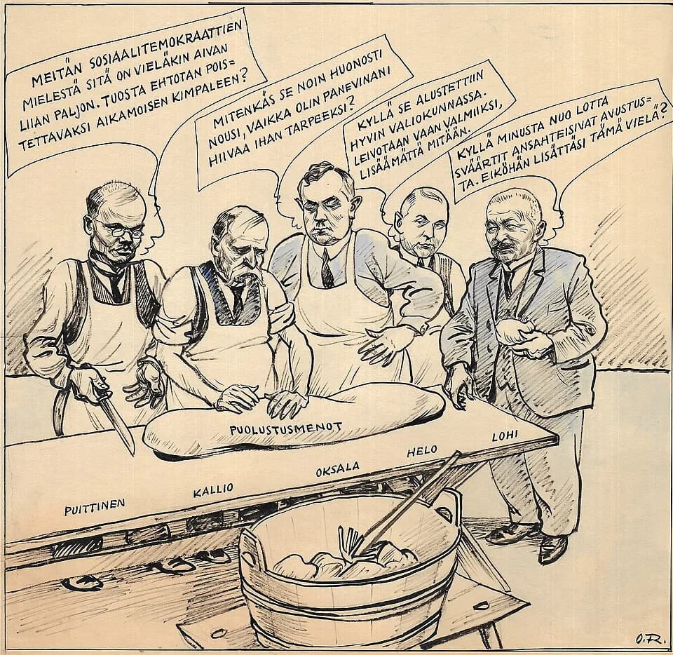 Kyösti Kallio - Finnish politicians Matti Puittinen, Kyösti Kallio, Arvi Oksala, Johan Helo and Kalle Lohi arguing the military budget. A cartoon by Oki Räisänen in the newspaper "Helsingin Sanomat".