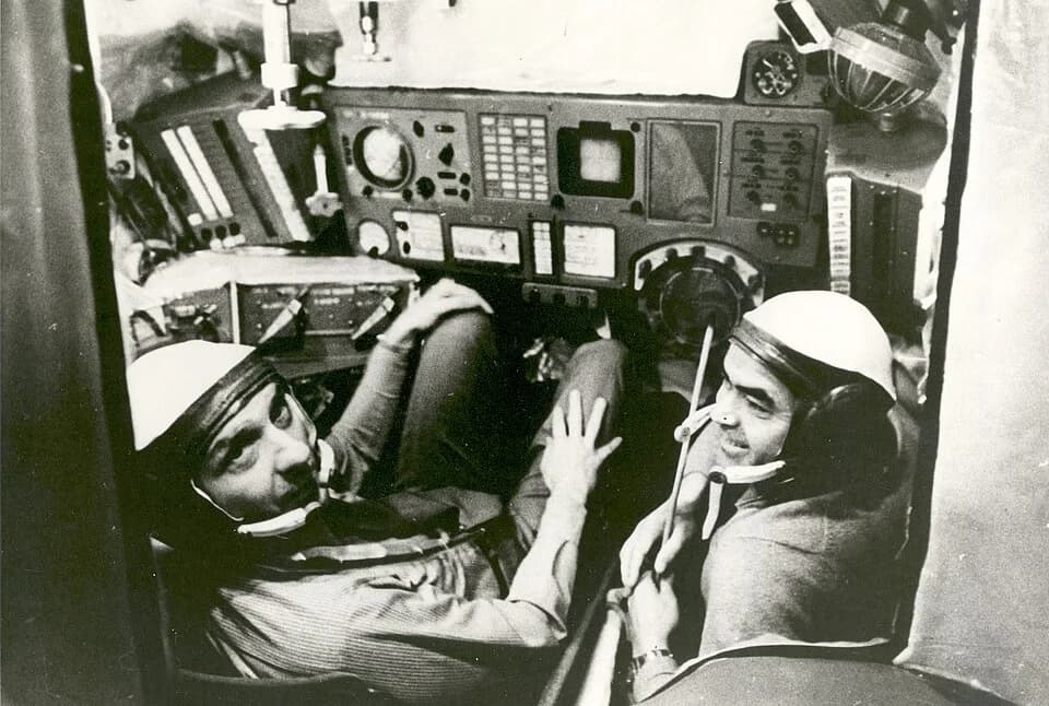Andriyan Nikolayev - Brig. Gen. Thomas P. Stafford (left), veteran of 3 US space flights, "flew" the Soviet Soyuz spacecraft simulator with Maj. Gen. Andriyan G. Nikolayev, veteran of two Soviet Space