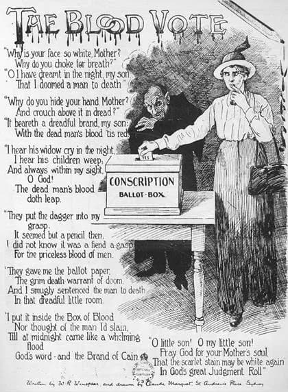 Billy Hughes - The Blood Vote - Anti-conscription handbill poem issued during anti-conscription campaign, 1917. Purportedly written by William Robert Winspear. Note: Leaflet with a verse by W. R. Wins