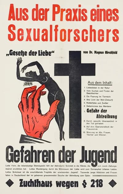 Magnus Hirschfeld - Gesetze der Liebe - Aus der Praxis eines Sexualforschers. Gefahren der Jugend - Zuchthaus wegen § 218. Regie: Dr. Magnus Hirschfeld. Anonymer Plakatentwurf, Deutschland 1927/28. 79
