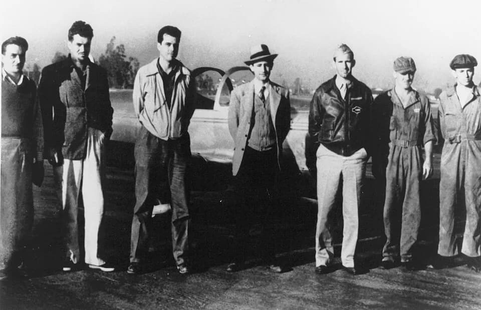 Theodore von Kármán - Flight test crew for the Jet Assisted Take-Off (JATO) experimental solid rocket booster. It was later refered to as RATO (Rocket Assisted Take-Off). From left to right are: F.S.