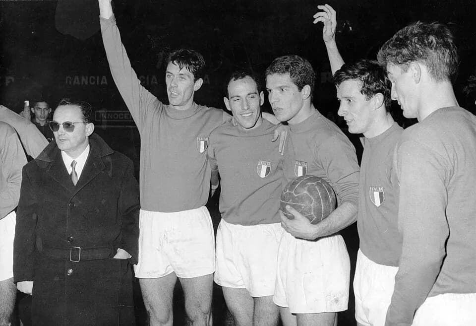 Cesare Maldini - Group photograph of players of the Italian national association football team in Bologna before a match against Turkey. From left to right the coach Edmondo Fabbri; Cesare Maldini (AC
