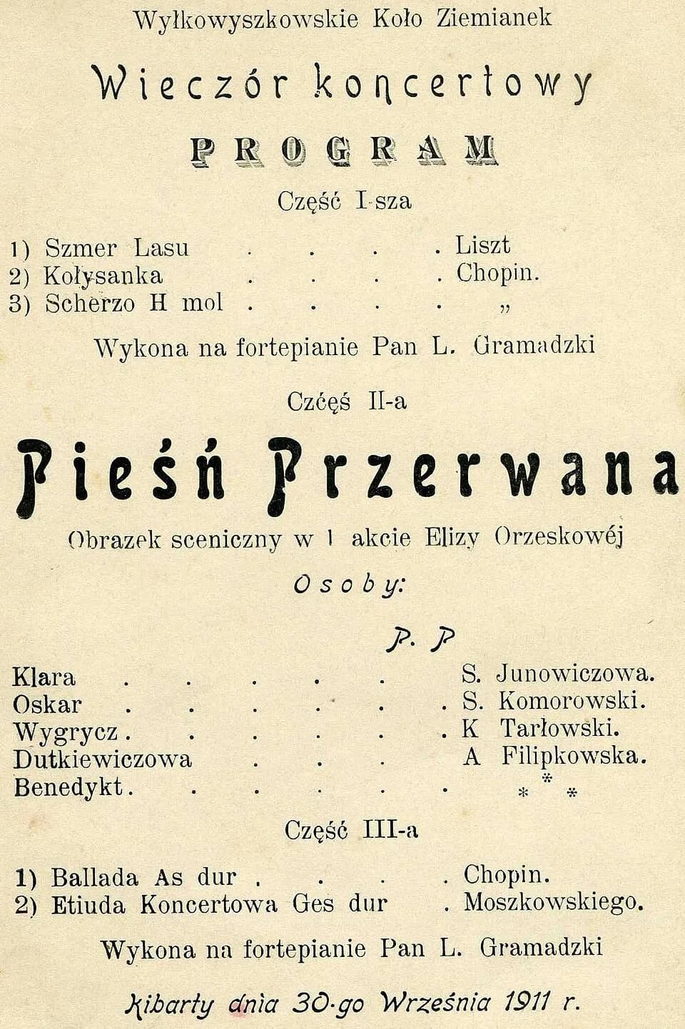Eliza Orzeszkowa - Invitation to concert and spectacle based on Eliza Orzeszkowa's play. Kibarty / Kibartai