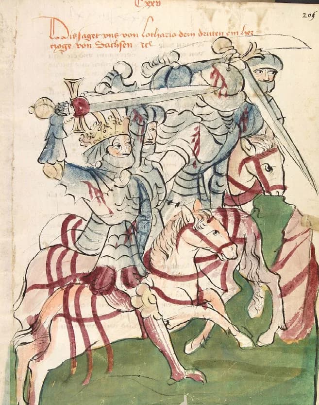 Lothair III - Kaiser Lothar III. kämpft in der Schlacht von Kulm (Chlumec) gegen die Böhmen
unbekannter Künstler aus der Werkstatt des Diebold Lauber, um 1450
aus Historia septem sapientum, deutsch &a