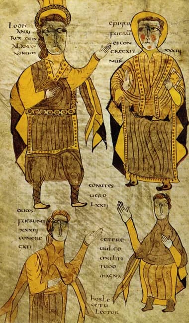 Lothair III - Lodhanri, roi des Alamans, en compagnie d'un évêque, d'un duc et d'un comte. Bréviaire d'Alaric. Vallée de la Loire (?), 803-814. BnF, Manuscrits, Latin 4404 fol. 197v.