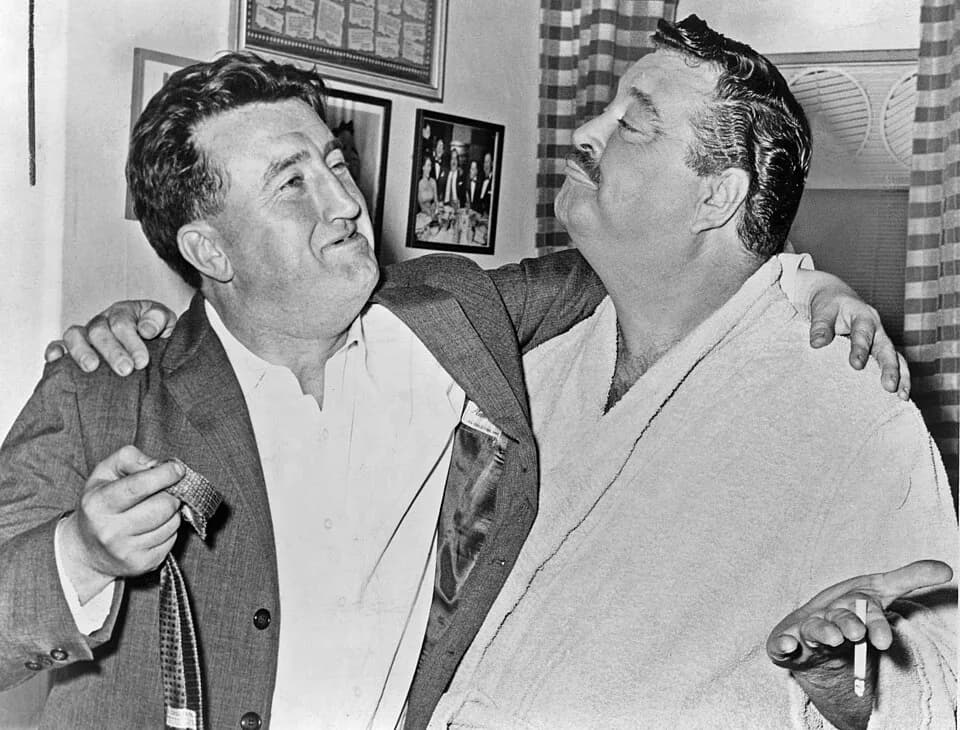 Brendan Behan - Brendan Behan with Jackie Gleason in Gleason's dressing room at show "Take me along" / World-Telegram photo by Walter Albertin.