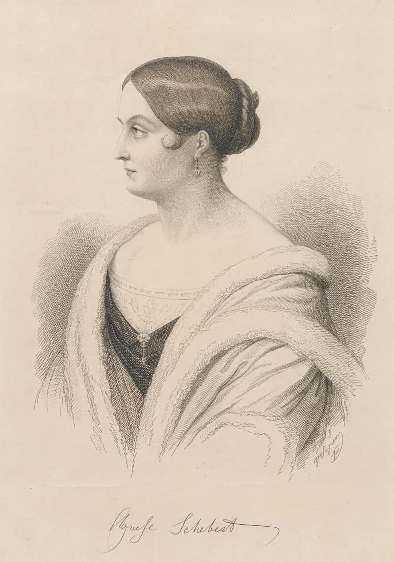 David Strauss - Porträt von Agnes Schebest (1813–1870), österreichische Opernsängerin. Radierung, Bildgröße: ca. 210 × 170 mm (Platte 325 × 240 mm). Blattgröße: 495 × 335 mm