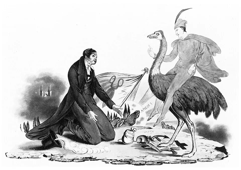 David Strauss - The "Strauss Affair" in Zürich, 1839: In this conservative cartoon, mayor Melchior Hirzel is shown offering money to controversial theologian Strauss (depicted as an ostrich with the d