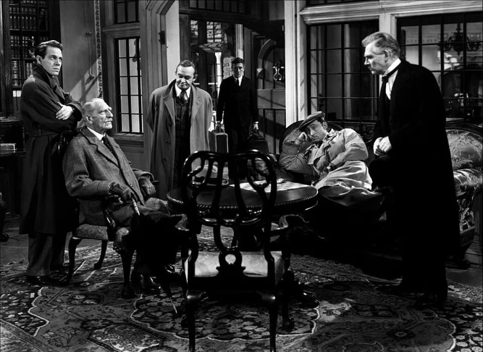 Walter Huston - Left to right: Louis Hayward, C. Aubrey Smith, Barry Fitzgerald, Richard Haydn, Mischa Auer, and Walter Huston in And Then There Were None (1945)