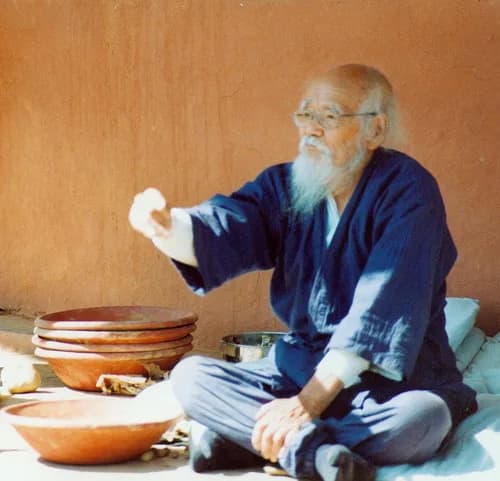 Masanobu Fukuoka - Masanobu Fukuoka, throwing the first seedball at the workshop at Navdanya, in October 2002.