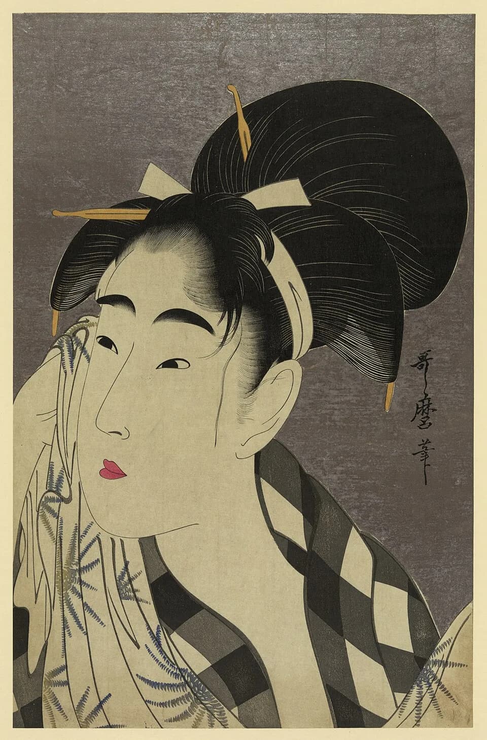 Kitagawa Utamaro - Ase o fuku onna (Woman wiping sweat). Print shows a head-and-shoulders portrait of a young woman wiping her face. 1 print : woodcut, color.