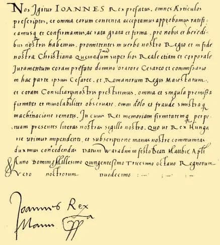 John Zápolya - The Peace of Várad (Oradea) in 1538