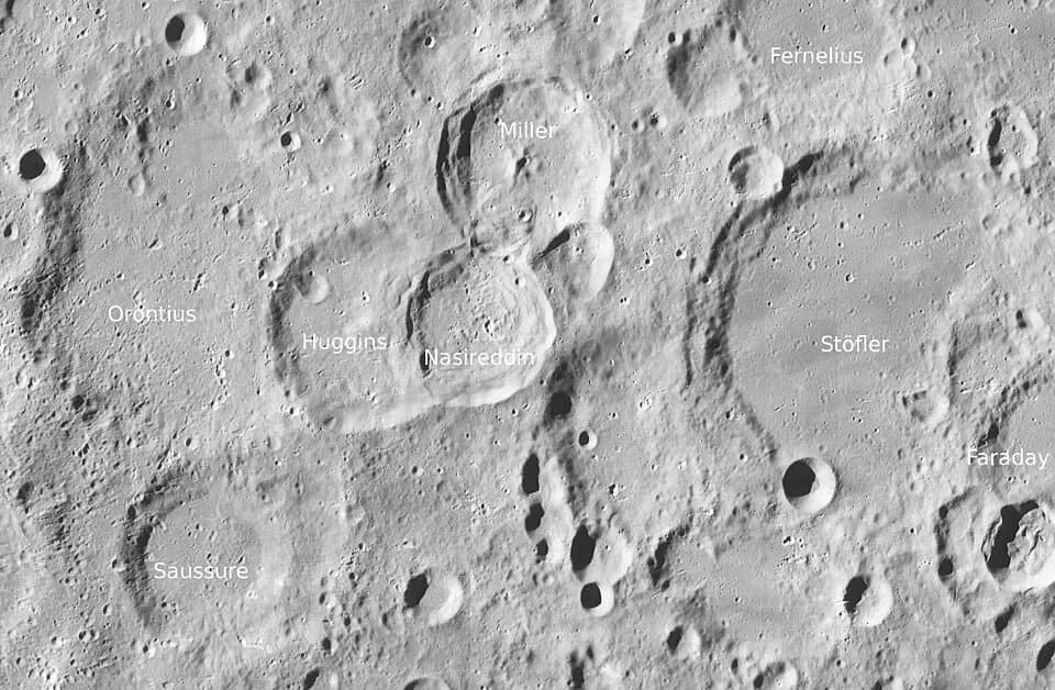 William Huggins - Craters Orontius, Saussure, Huggins, Nasireddin, Miller, Stöfler and Fernelius (detail of LRO - WAC global moon mosaic; Mercator projection)