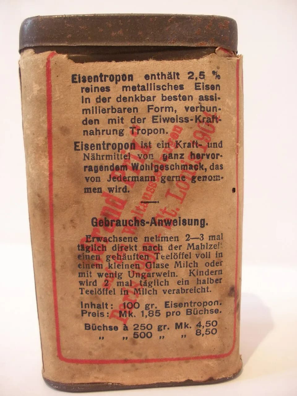 Henry van de Velde - Achterzijde van een blik van het merk Eisen-Tropon (ca. 1898) dat ontworpen is door Henry Van de Velde.