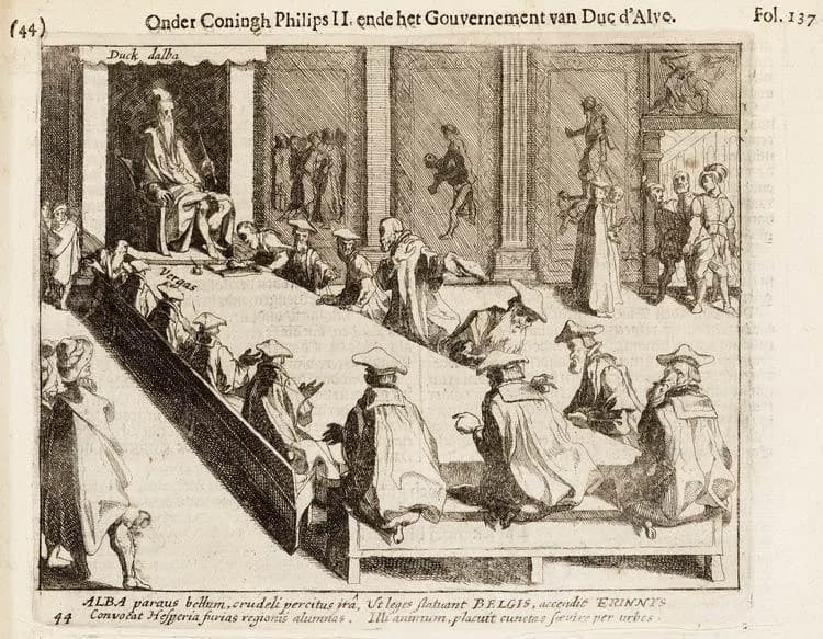 Fernando Álvarez de Toledo, 3rd Duke of Alba - Duke of Alba, presiding over the Council of Troubles, with names indicating the Duke and Vergas.