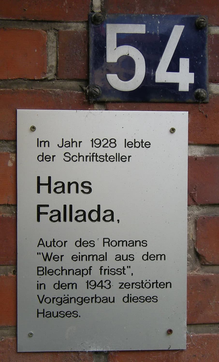 Hans Fallada - Gedenktafel für Hans Fallada in Hamburg, Hasselbrookstraße 54