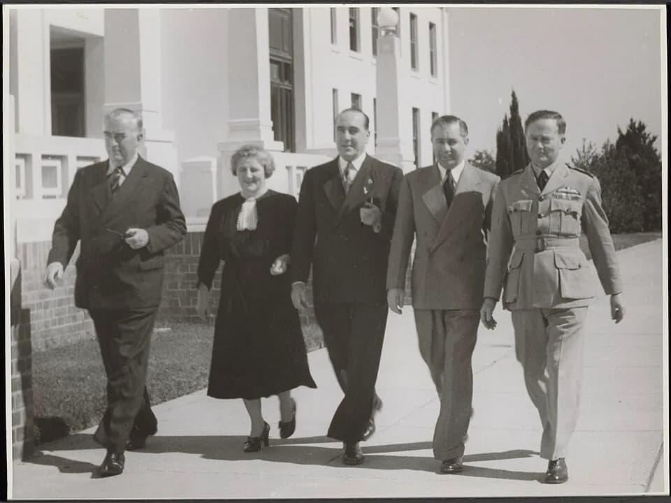 Robert Menzies - Sir Robert Menzies, Dame Enid Lyons, Eric Harrison, Harold Holt and Thomas White outside (Old) Parliament House, Canberra.