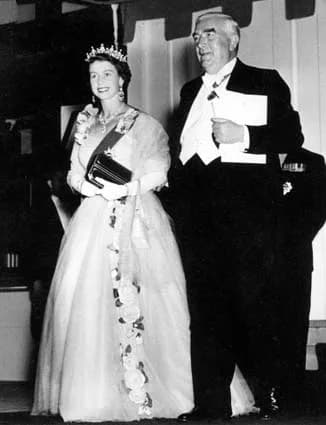 Robert Menzies - Photograph of Queen Elizabeth II with Prime Minister Robert Menzies at the state banquet in Canberra during her first visit to Australia in 1954. This copy is from a red photograph al