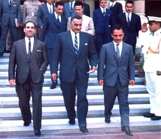 Abdul Salam Arif - Arab heads of states arriving being recieved by President Gamal Abdel Nasser for the Second Arab League Summit in Alexandria. At the forefront from left to right: President Abdul Sa