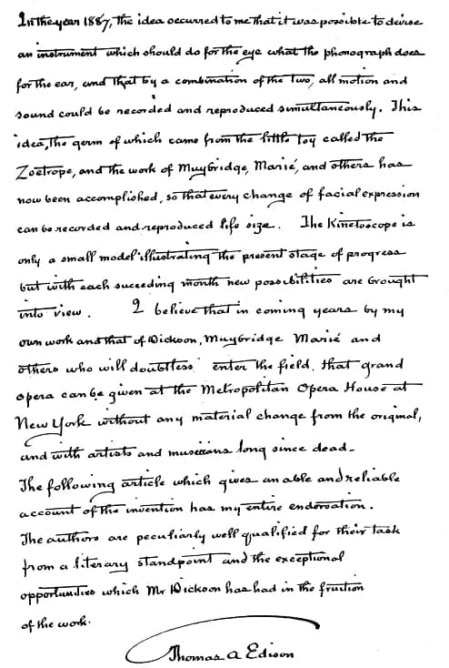 Thomas Edison - Edison's endorsement of the kinetography report.