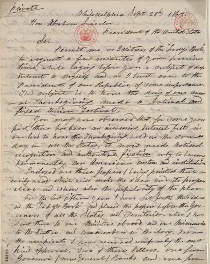 Abraham Lincoln - September 1863 letter from editor Sarah Josepha Hale to President Abraham Lincoln discussing the need for a national Thanksgiving holiday.