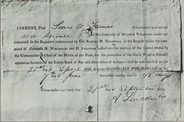 Abraham Lincoln - Honorable Discharge signed by Abraham Lincoln in 1832. From the collection of Mr. Oldroyd, of Washington.