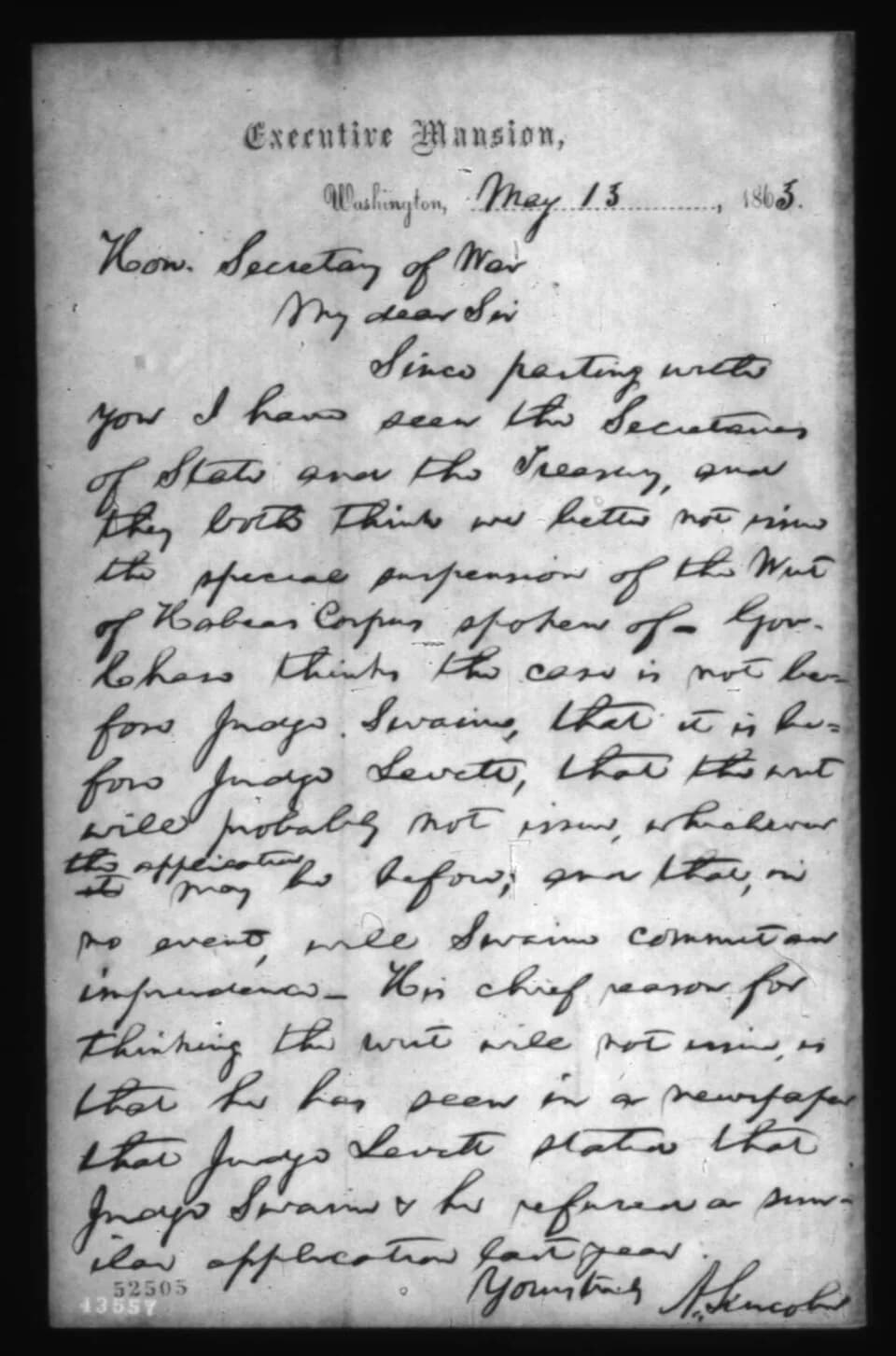 Abraham Lincoln - Letter from President Abraham Lincoln to United States Secretary of War Edward Stanton, referencing the suspension of habeas corpus case involving Judge Humphrey Howe Leavitt of Ohio