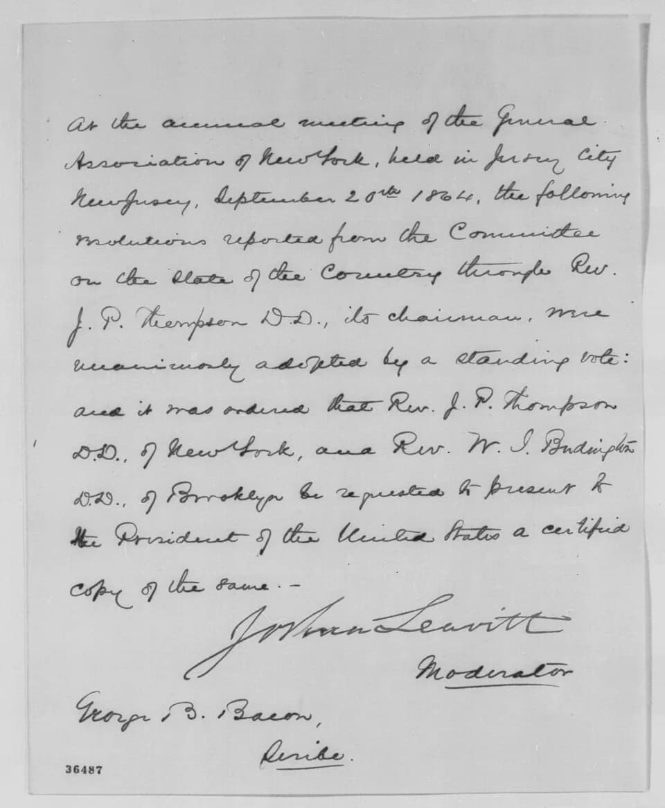 Abraham Lincoln - Photograph of letter from abolitionist Joshua Leavitt and Gongregational clergyman George B. Bacon to President Abraham Lincoln, forwarding set of resolutions from the General Associ