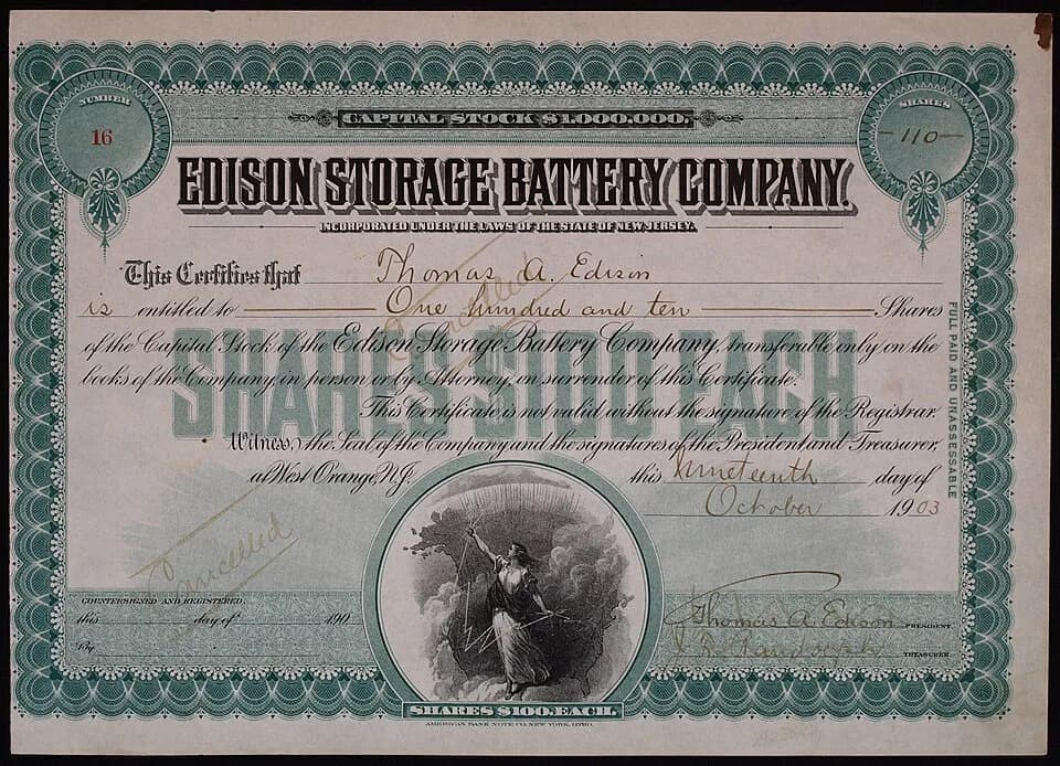 Thomas Edison - Share of the Edison Storage Battery Company, issued 19. October 1903