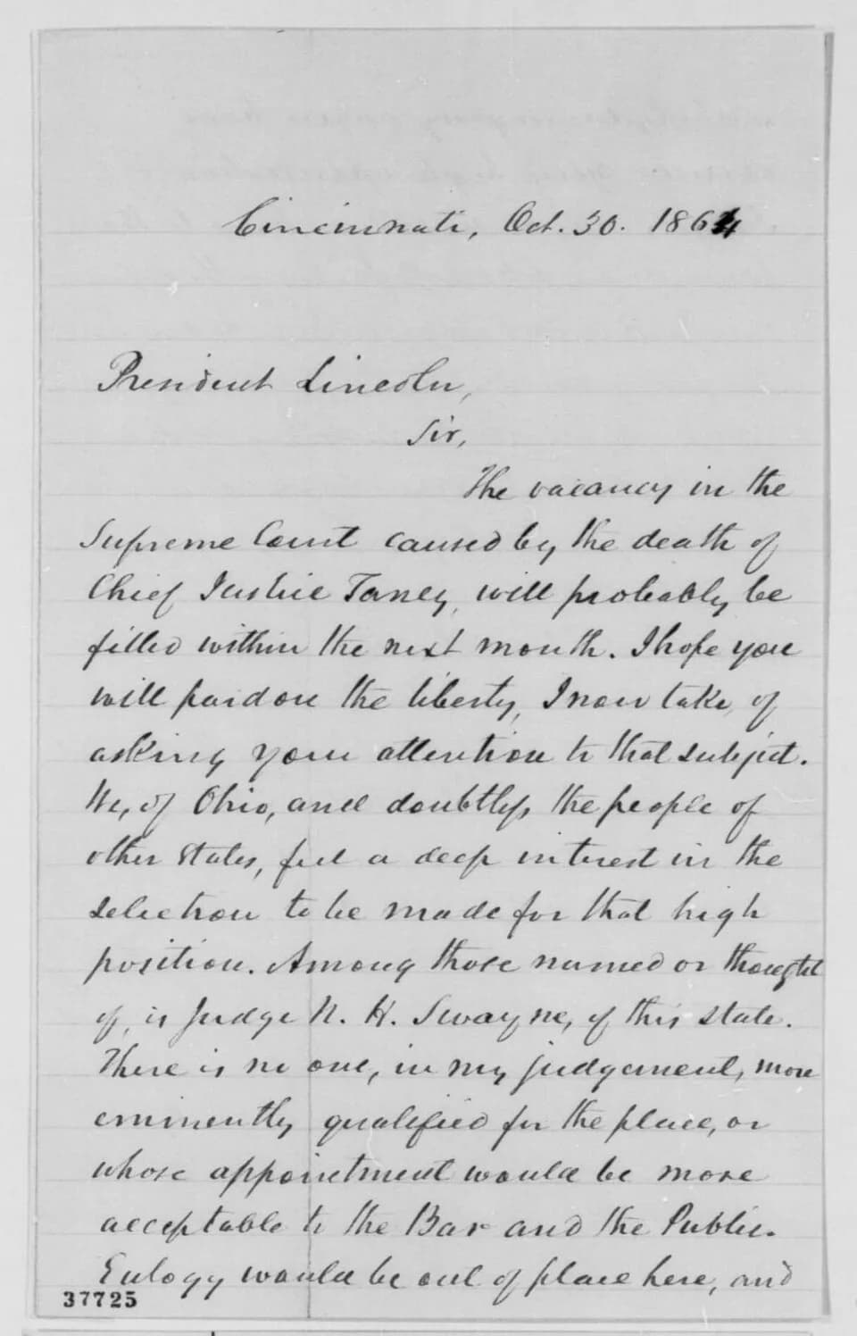 Abraham Lincoln - Letter from U. S. District Court judge Humphrey Howe Leavitt of Cincinnati, Ohio, to President Abraham Lincoln, urging Lincoln to consider justice Noah Swayne, a native of Ohio, for