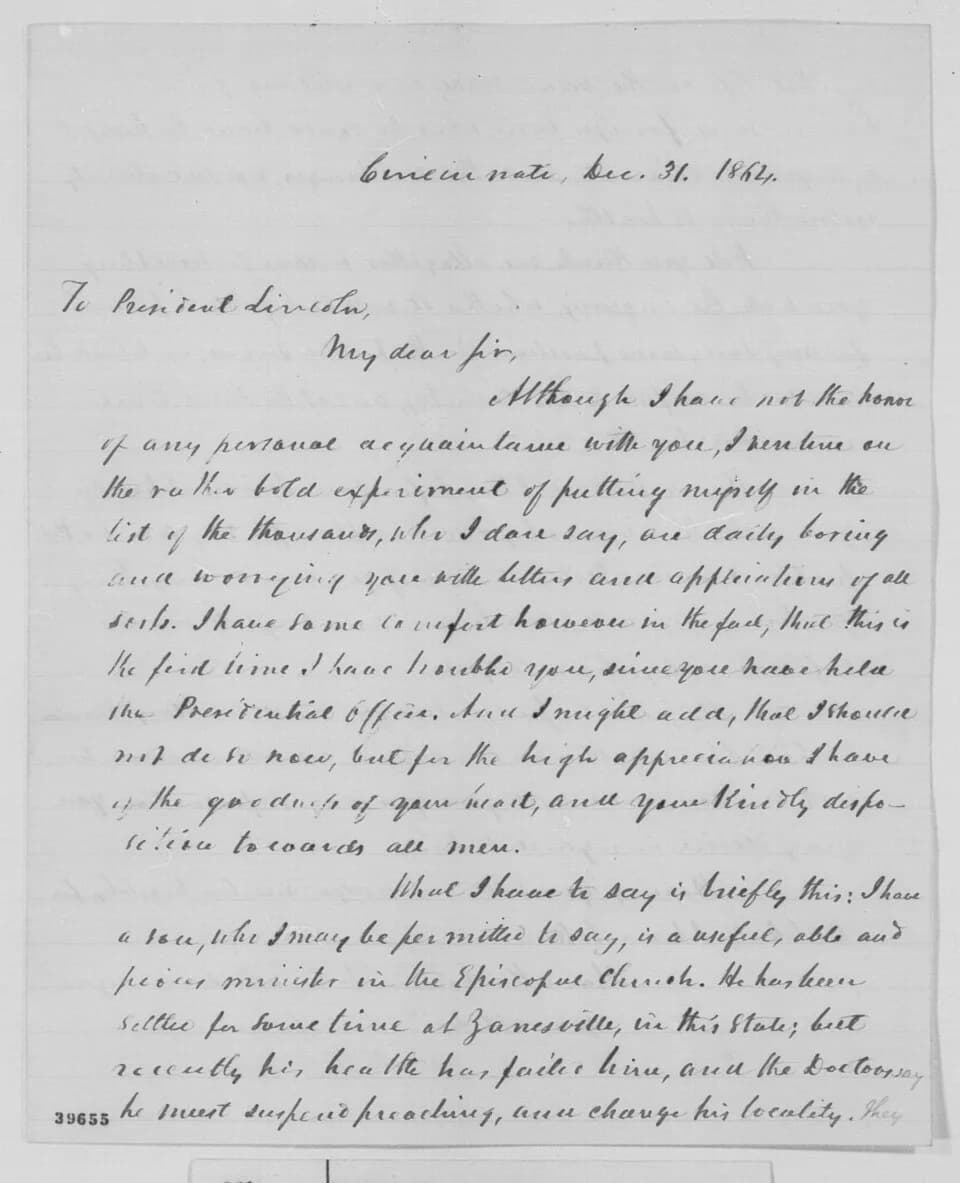 Abraham Lincoln - Letter from United States district court judge Humphrey H. Leavitt to President Abraham Lincoln, asking if Lincoln might help Leavitt's son, currently a minister, find a job in publi