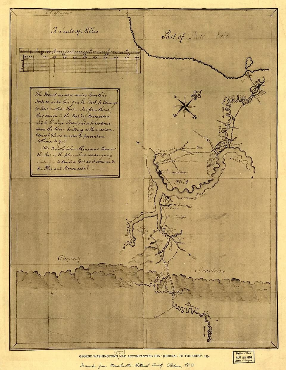 George Washington - George Washington's map, accompanying his "journal to the Ohio". Facsimile from Massachusetts' Historical Society Collections, vol. 61. The legend reads: "The French are now comin