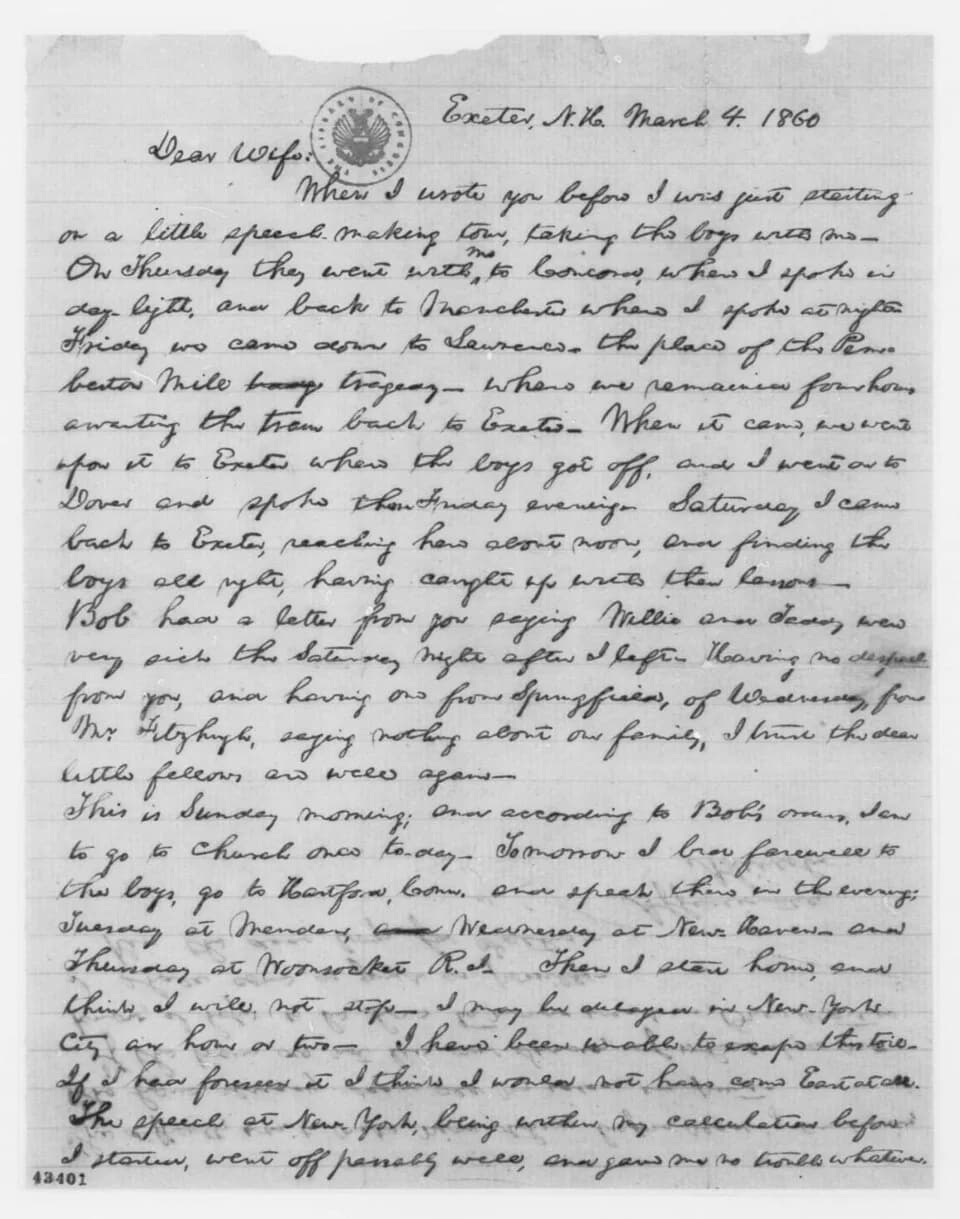 Abraham Lincoln - Letter from President Abraham Lincoln to his wife Mary Todd Lincoln, written while LIncoln was visiting his son Robert, who was then a student at Phillips Exeter Academy, Exeter, New