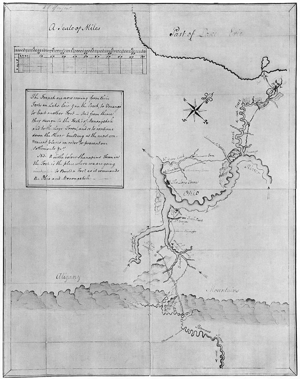 George Washington - Hand-drawn map by George Washington, accompanying a printing of the journal he kept of his 1753 expedition into the Ohio Country.