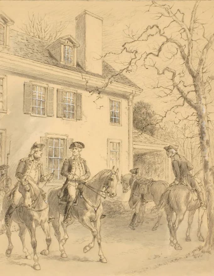 George Washington - Henry Alexander Ogden, Washington at the George Emlen House, Whitemarsh, Pennsylvania
From the collection of the New-York Historical Society
The Emlen House was built by George Eml