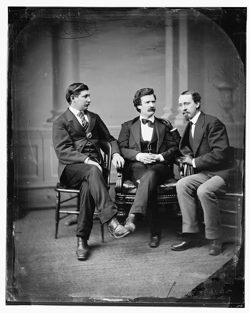 Mark Twain - Group photo portrait of author and humorist Mark Twain (a.k.a. Samuel L. Clemens; middle), noted American Civil War correspondent and author George Alfred Townsend (left), and David Gray,