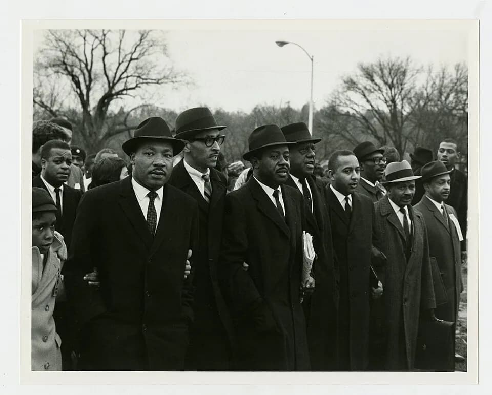 Martin Luther King Jr. - Dr. Martin Luther King, Jr., with a group of men leading the march. Ralph David Abernathy is the second man from King's right and Frank Stanley Jr. is the fourth man from the 