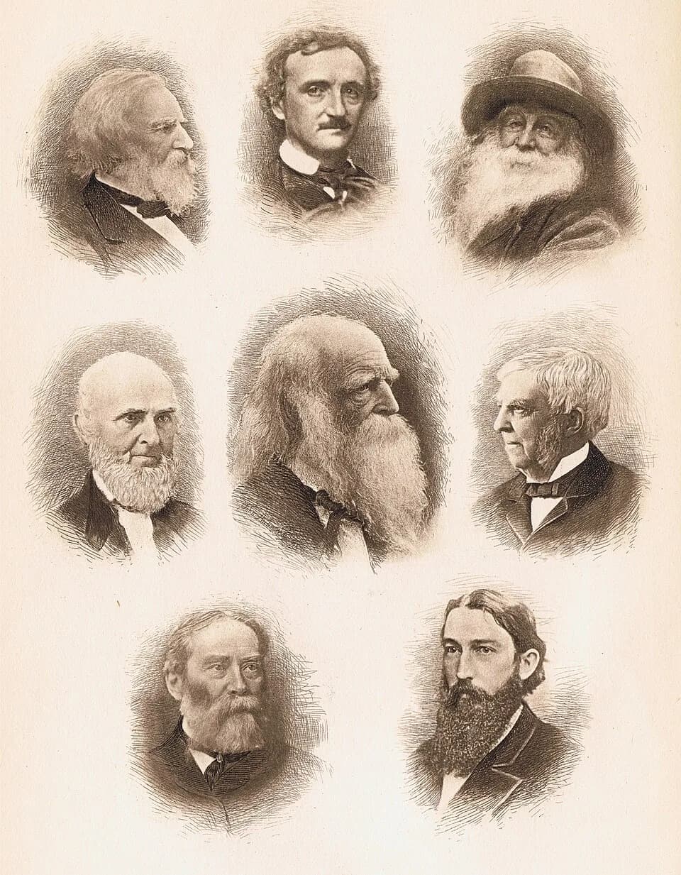 Edgar Allan Poe - Scan of the frontispiece of An American Anthology (1787-1900) by Edmund Clarence Stedman, ed. Houghton, Mifflin and Company.Pictured: center: William Cullen Bryant; clockwise from to