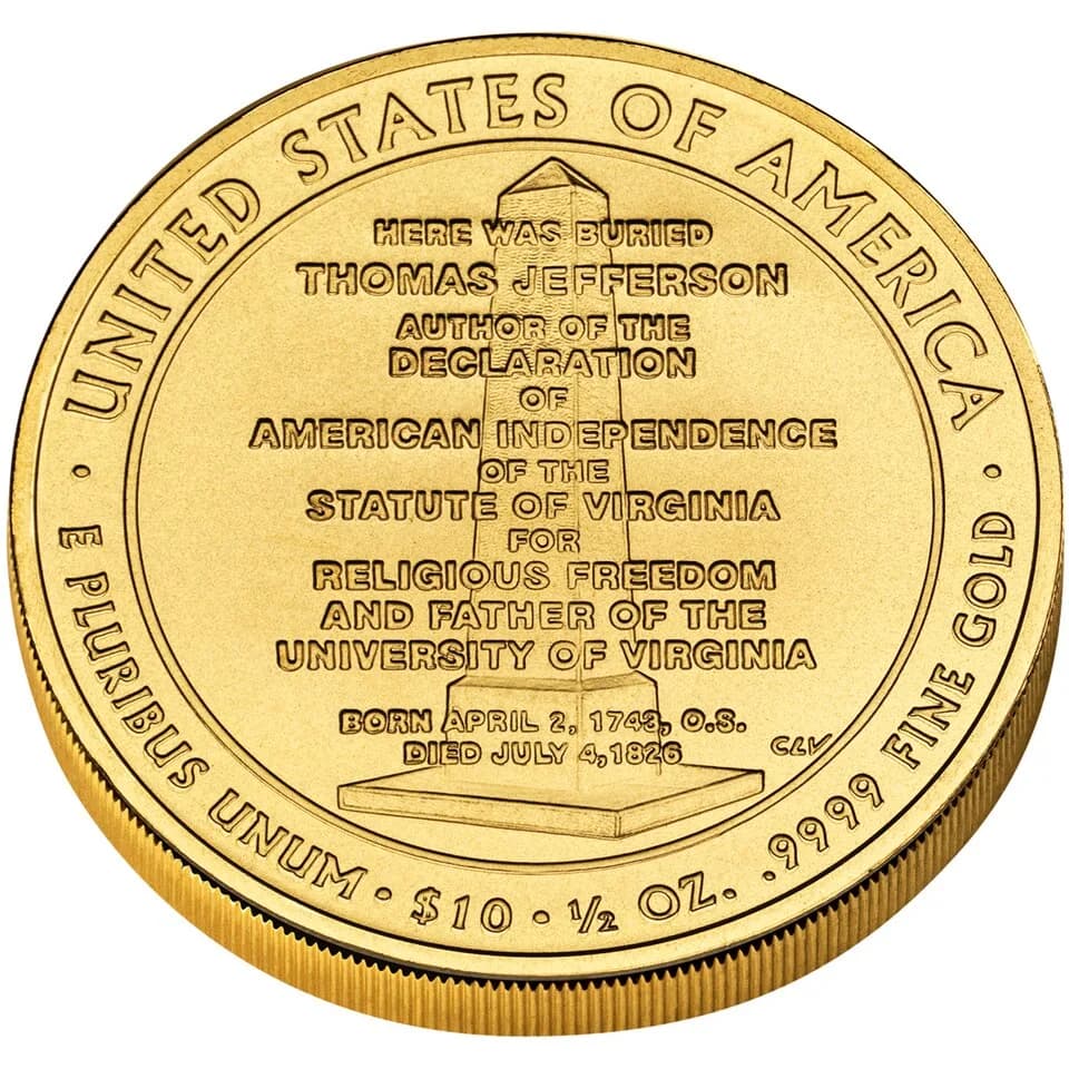 Thomas Jefferson - First Spouse Program coin for Thomas Jefferson's Liberty. Reverse.