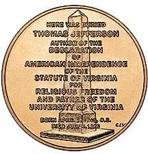 Thomas Jefferson - First Spouse Program bronze medal for Thomas Jefferson's Liberty. Reverse.