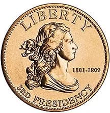 Thomas Jefferson - First Spouse Program bronze medal for Thomas Jefferson's Liberty. Obverse.