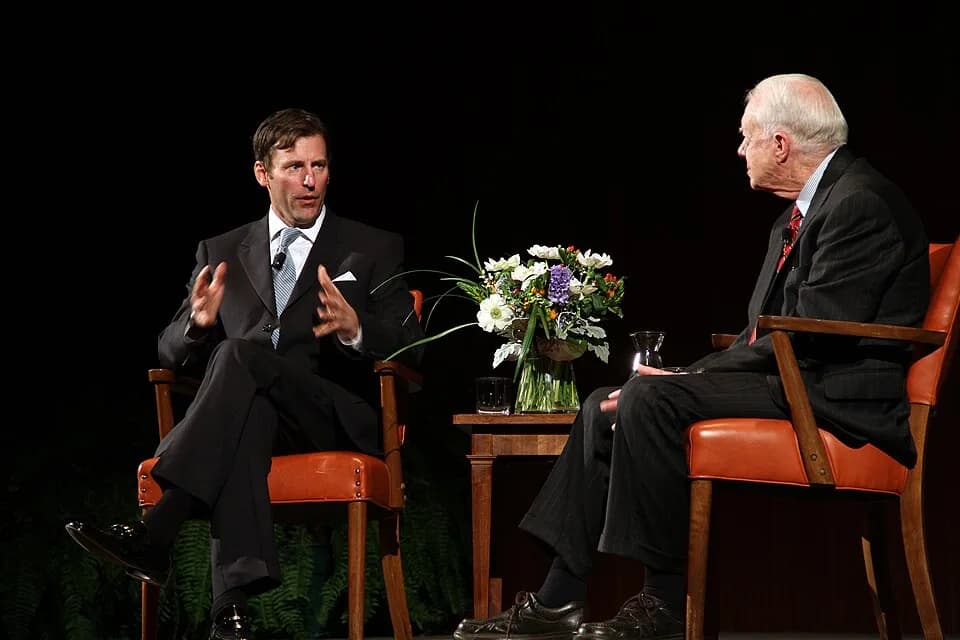 Jimmy Carter - LBJ Library Director Mark Updegrove asks a question to President Carter during the Harry Middleton Lecture at the LBJ Library Feb 15, 2011.
