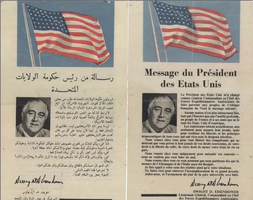 Dwight D. Eisenhower - A flyer in French and Arabic that was distributed by Allied forces in the streets of Casablanca, calling on citizens to cooperate with the Allied forces.