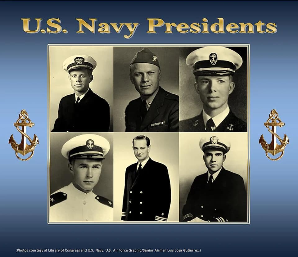 George H. W. Bush - Six out of the 44 U.S. presidents served as officers in the Navy. In military uniforms pictured from left to right top row are: John F. Kennedy, Gerald. R. Ford, Jimmy Carter, Geor