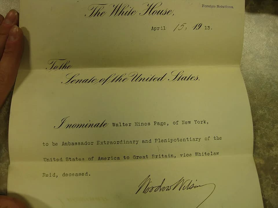 Woodrow Wilson - Woodrow Wilson's nomination of Walter Hines Page to serve as Ambassador to Great Britain. Courtesy of the National Archives and Records Administration.