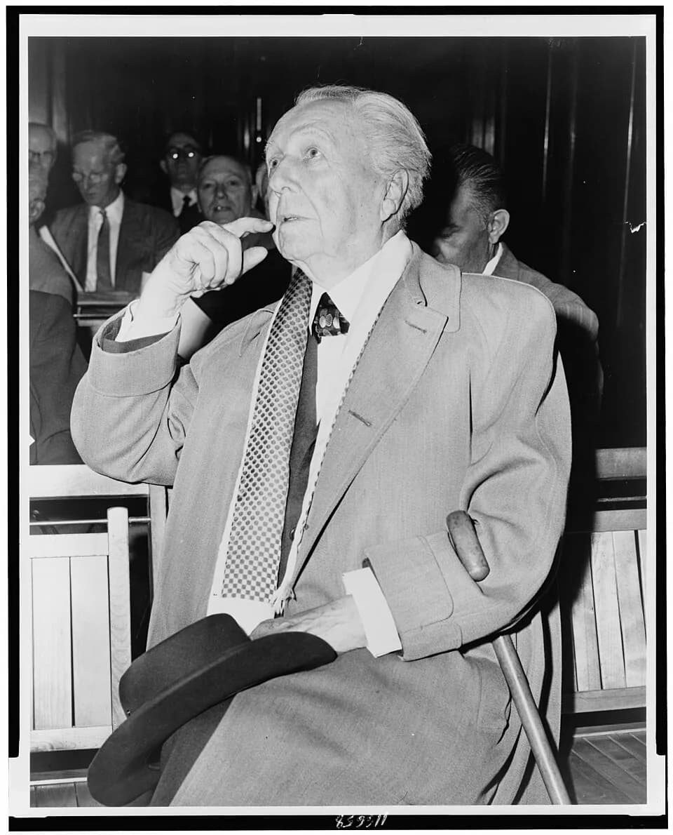 Frank Lloyd Wright - Frank Lloyd Wright, three-quarter length portrait, seated, facing left / World Telegram & Sun photo by Al Ravenna.