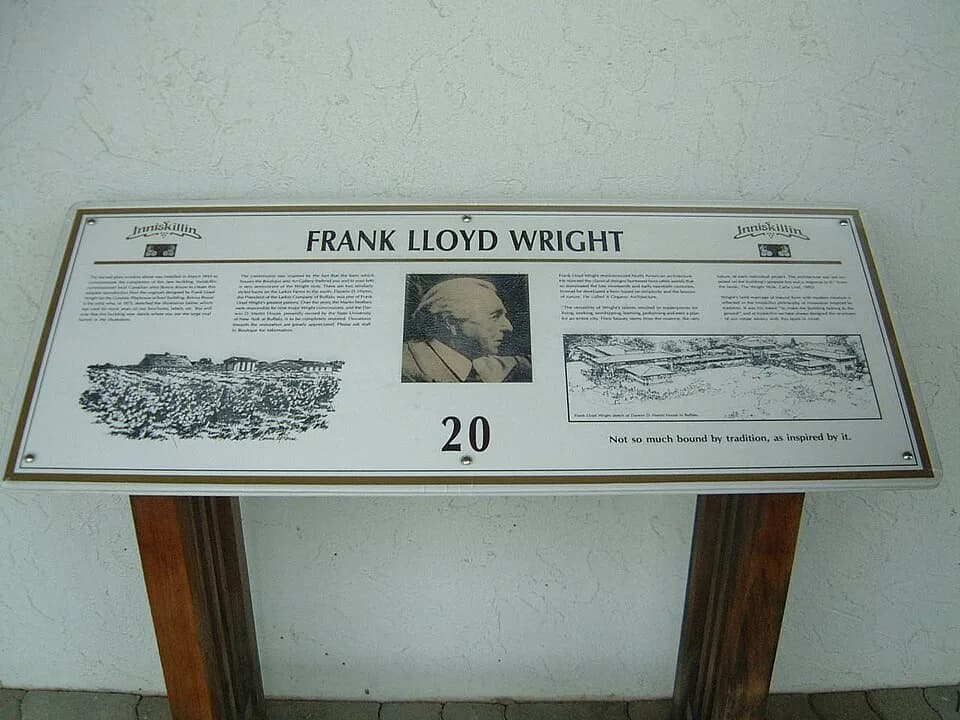 Frank Lloyd Wright - Sign about Frank Lloyd Wright, at Inniskillin Vineyard in Niagara-on-the-Lake, Ontario, Canada. Frank Lloyd Wright is believed to have designed a building that forms part of the c