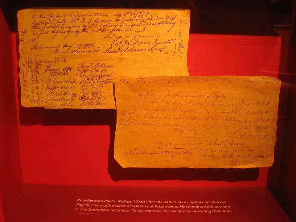 John Adams - Paul Revere's bill for riding, 1775. Document exhibited in the Commonwealth Museum, in the Massachusetts Archives, Boston, Massachusetts, USA.