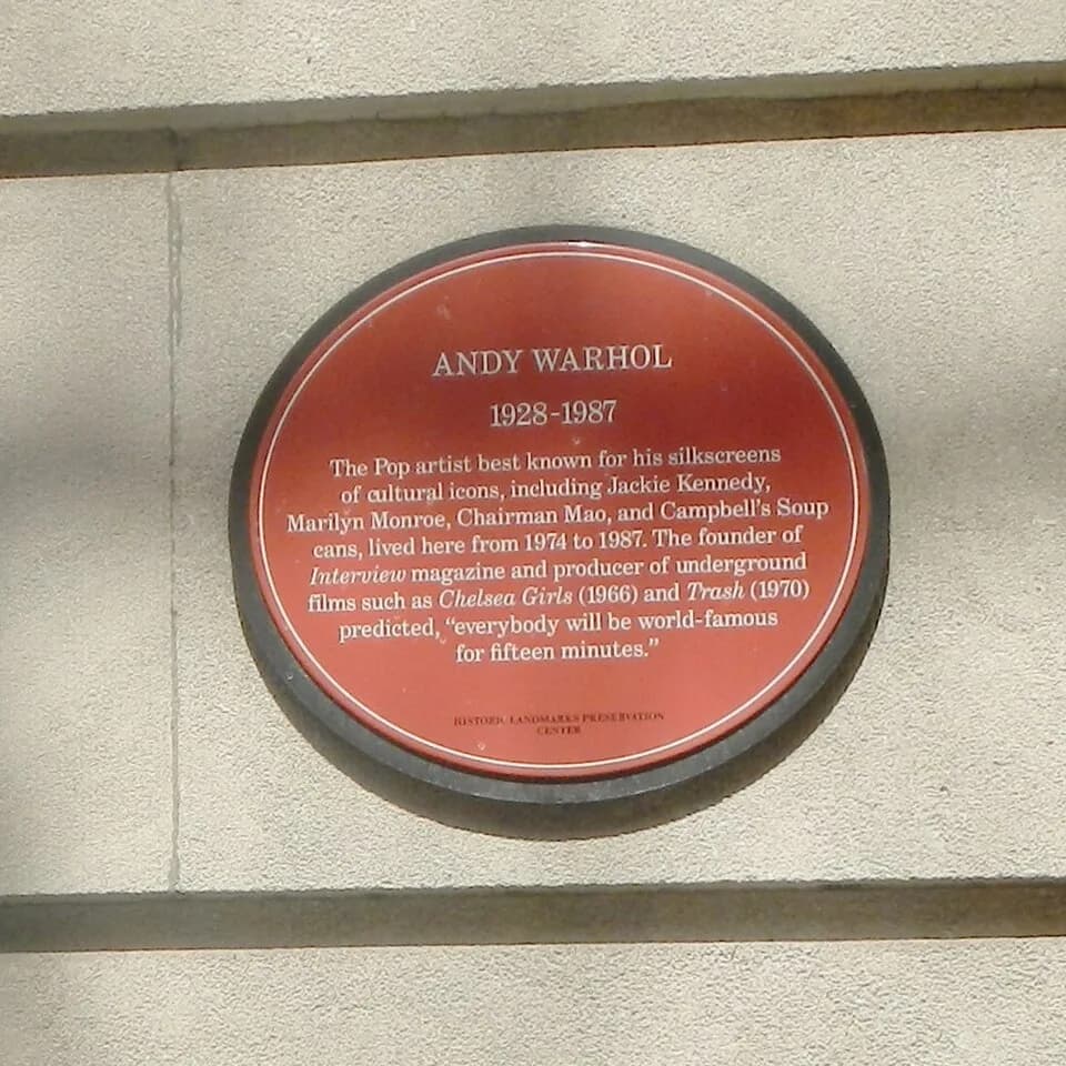 Andy Warhol - Looking north at the building's plaque on a sunny day. EXIF location is a block west due to photographer's error. This image represents a Historical Marker Database entry #98636.